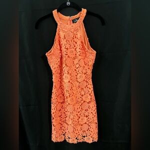 🍊 Lulus Orange Halter Lace Mini Dress | size Small